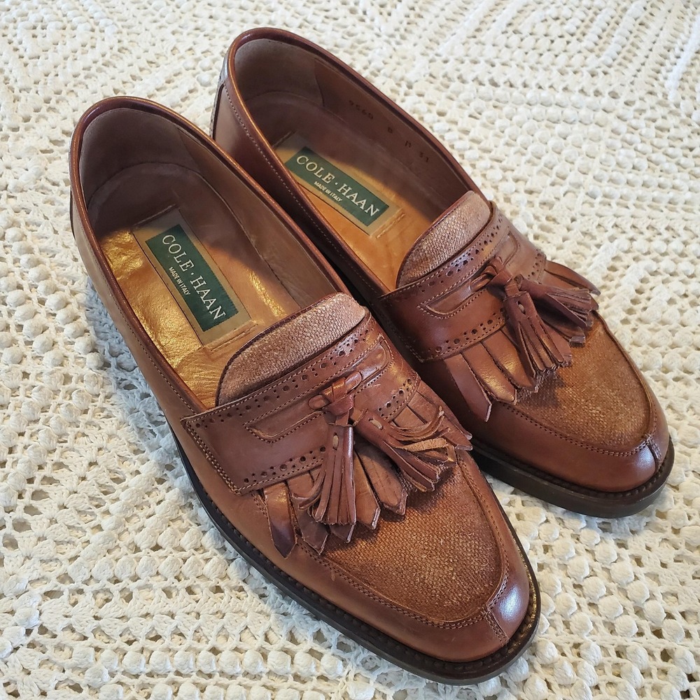 Cole Haan Loafers Mens Size 8 Brown Leather Tassel Kiltie Slip On Italy Shoes